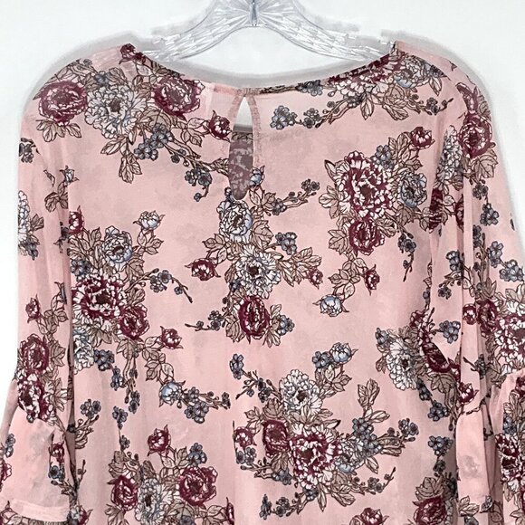 No Boundaries Top Women XL‎ Floral Pink Mesh Semi Sheer 3/4 Sleeve Ruffle - Picture 8 of 15